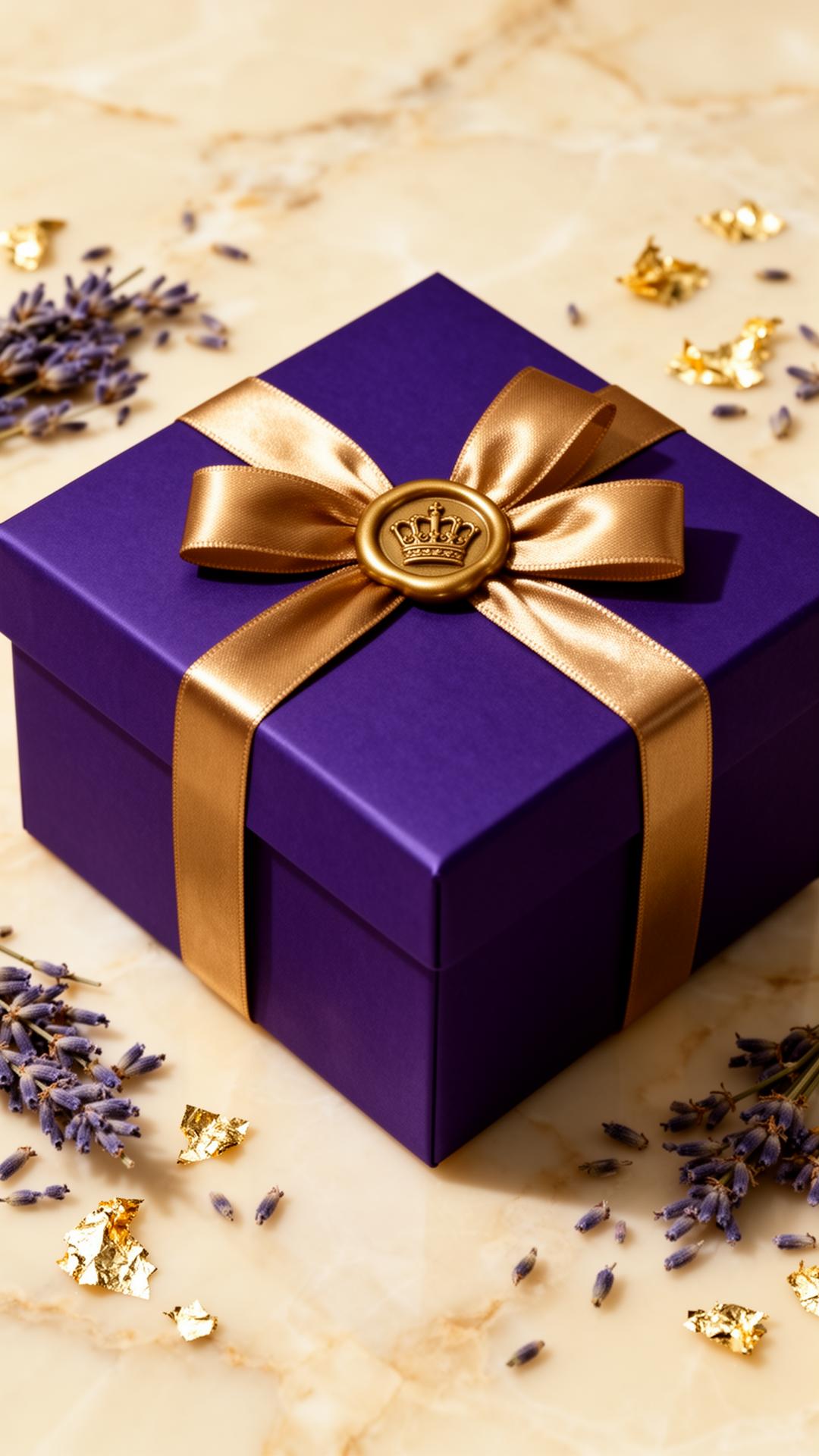 Royal purple gift box with gold ribbon and crown wax seal