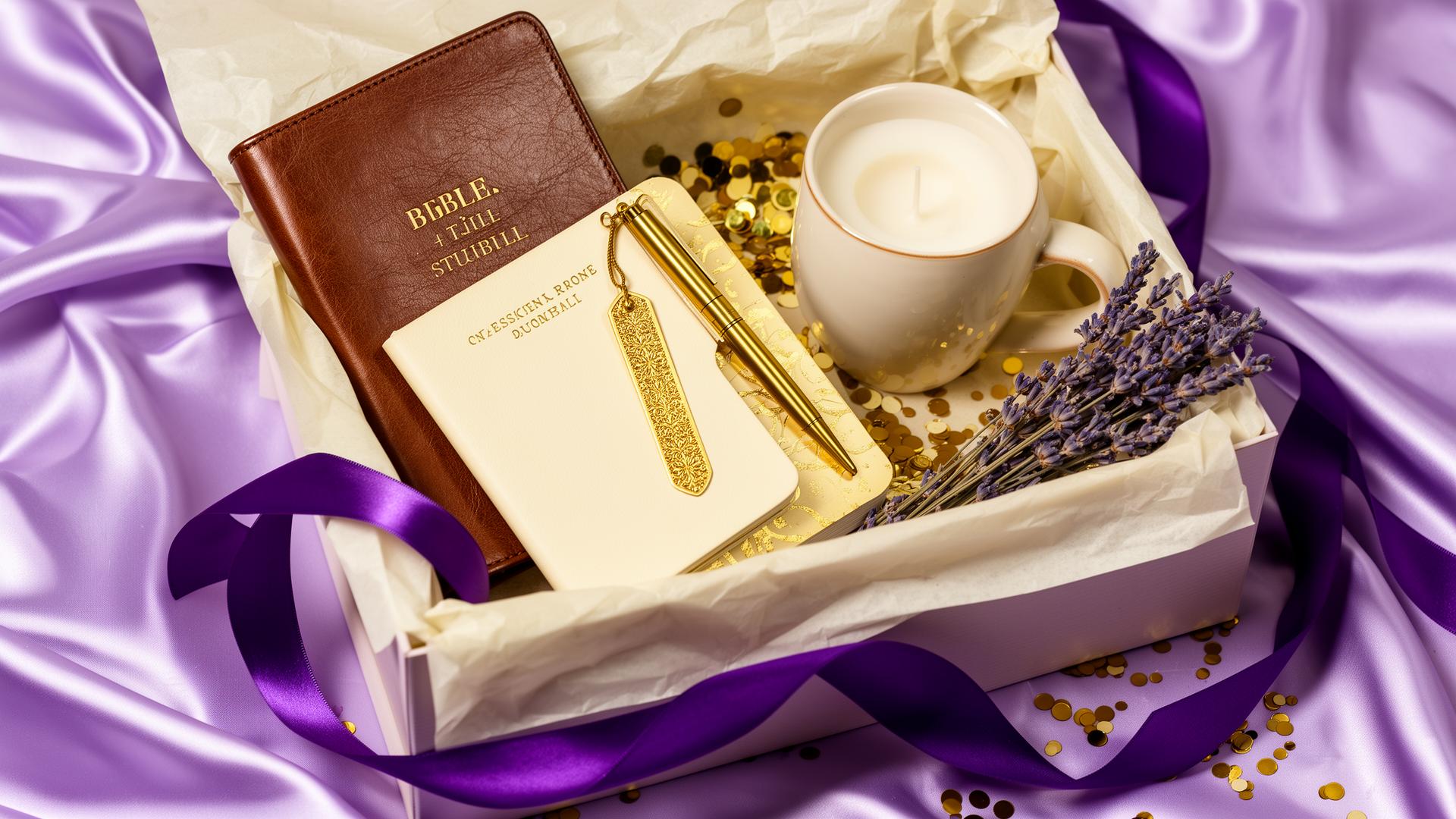Luxury faith-inspired gift box with Bible, prayer journal, candle and lavender
