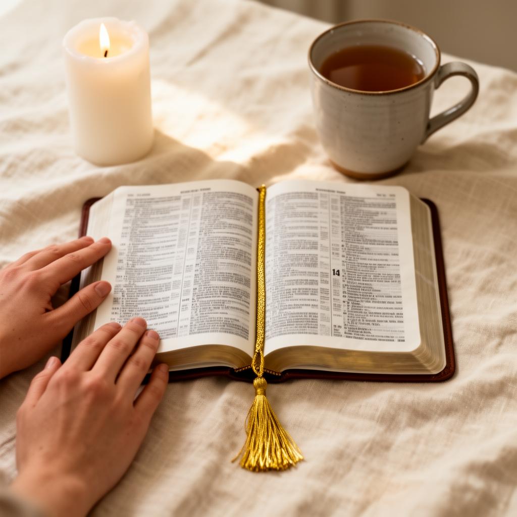 Hands holding open Bible with candle and tea